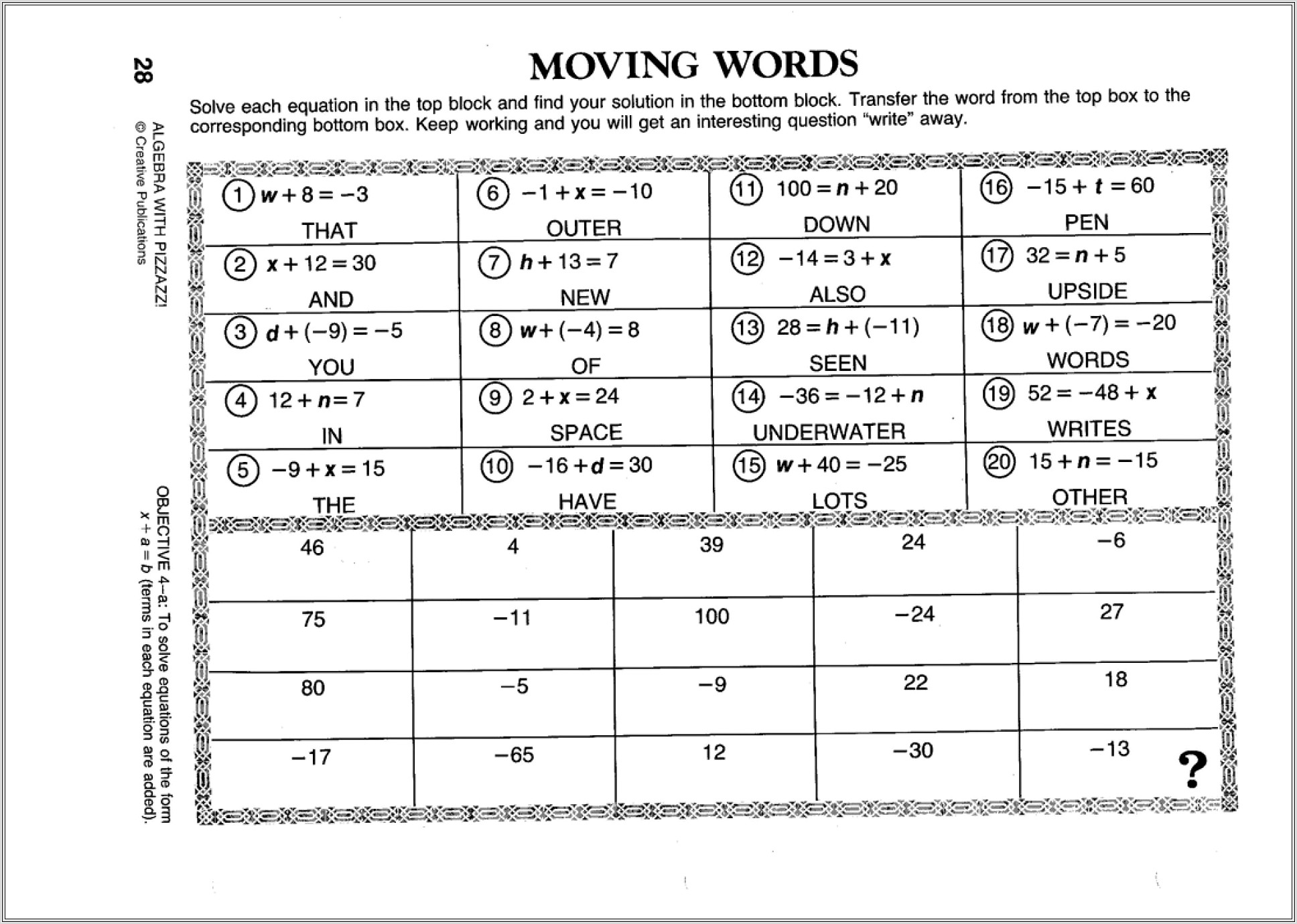 Moving Words Math Worksheet C 55 Answers