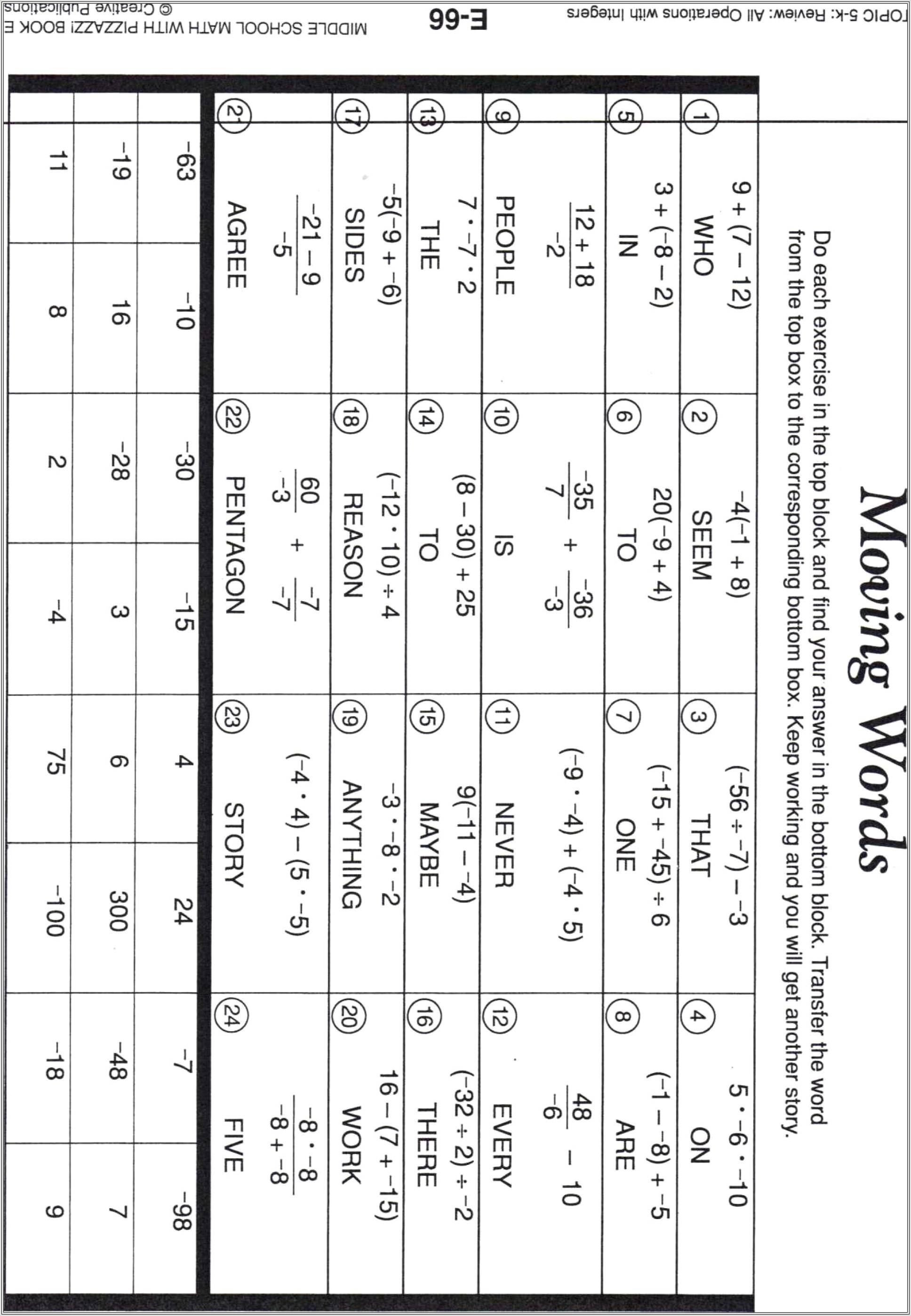 Moving Words Math Worksheet Objective 4 A