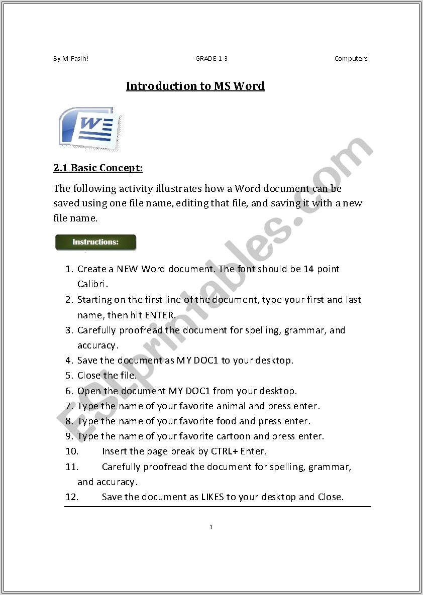 Ms Word Worksheets For Grade 3