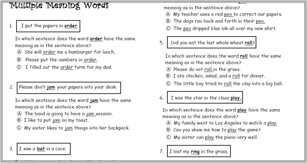 Multiple Meaning Words Worksheet 3rd Grade