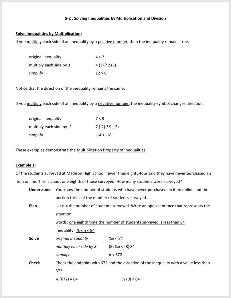 Multiplication Division Inequalities Worksheet