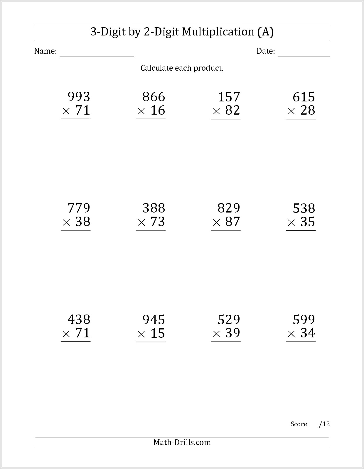 Multiplication Worksheet One Digit By Two Digits
