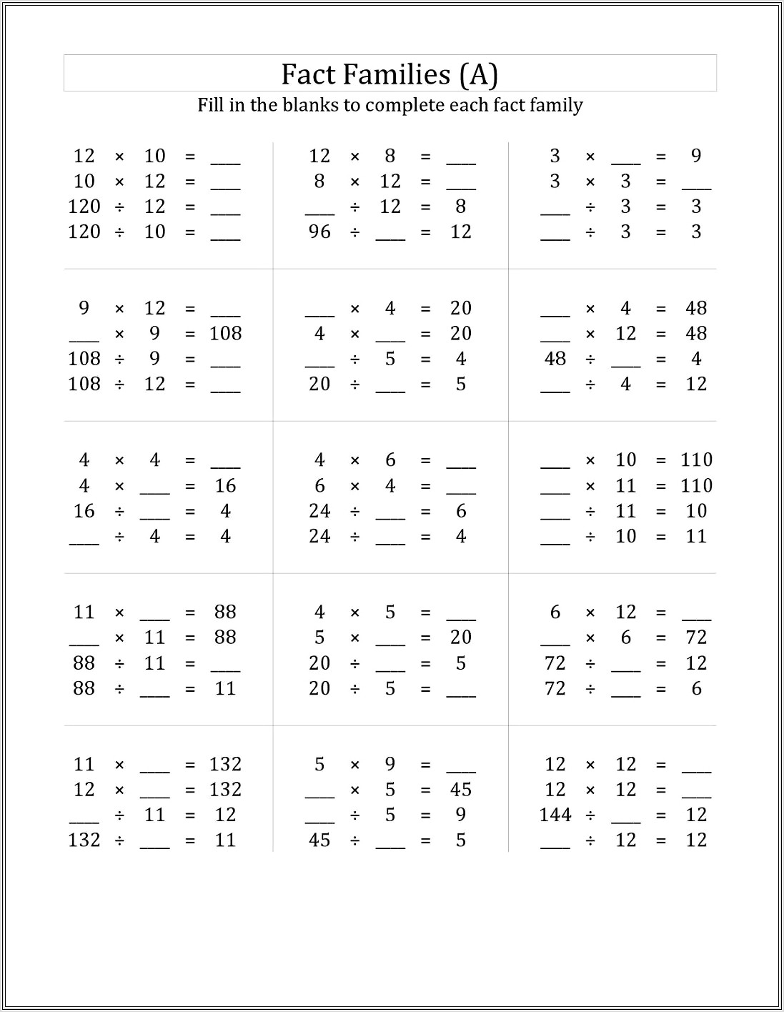 Multiplication Worksheets Missing Number
