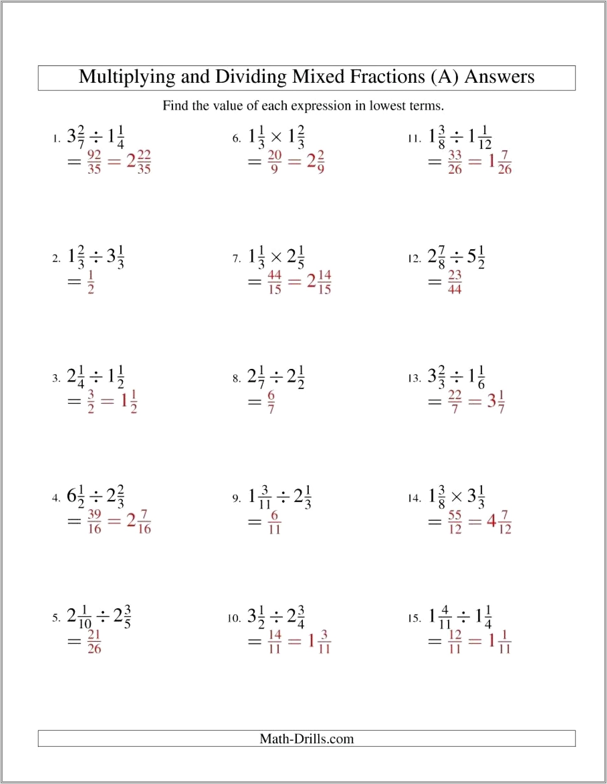 Multiply Mixed Numbers Worksheet Grade 7