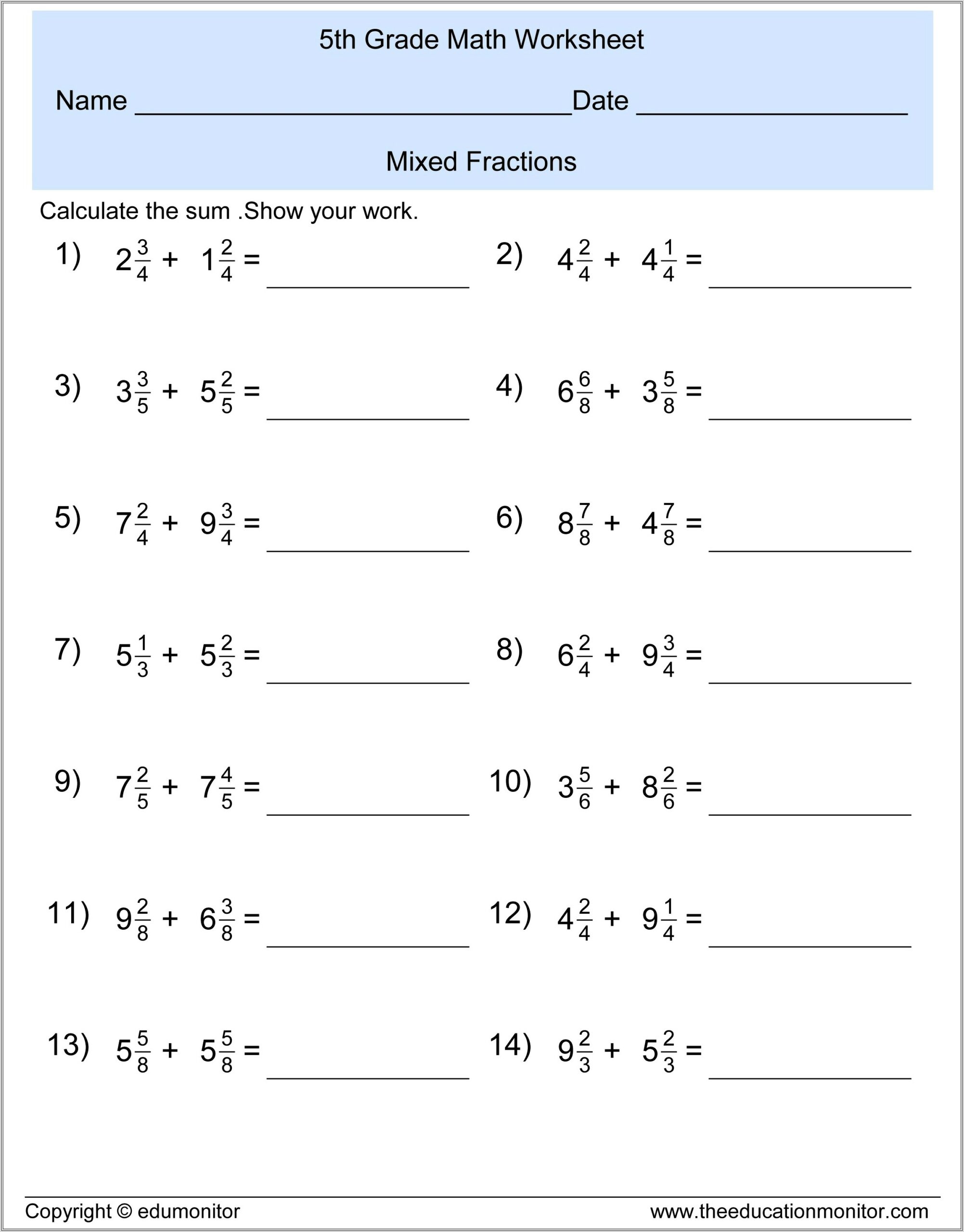 Multiplying Mixed Numbers Worksheet 5th Grade
