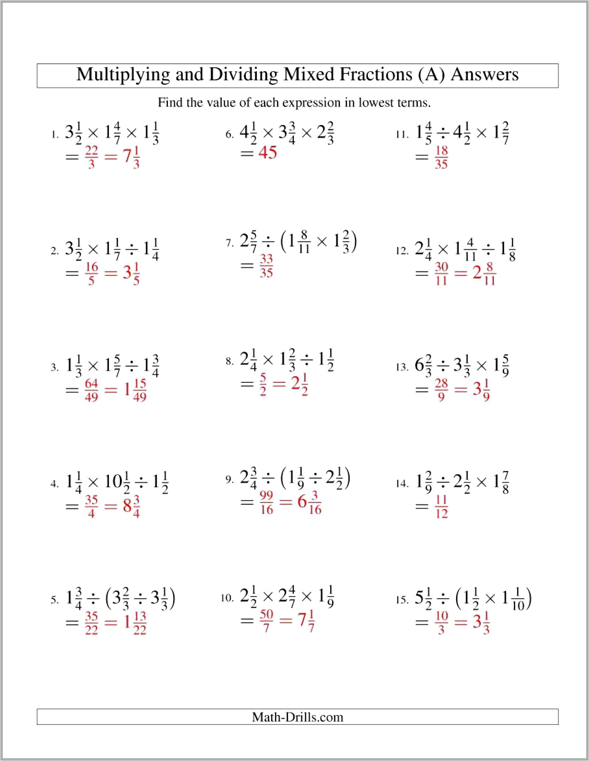 Multiplying Mixed Numbers Worksheet Kuta