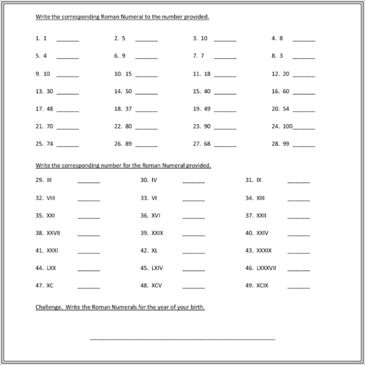 Multiplying Roman Numerals Worksheet