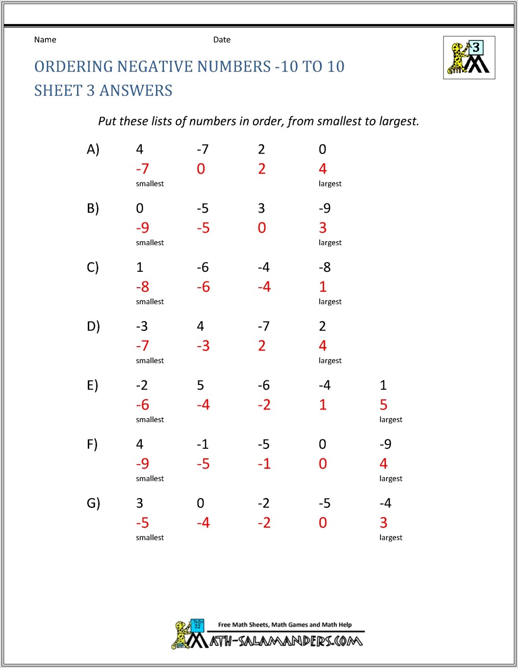 Negative Number Worksheet And Answers