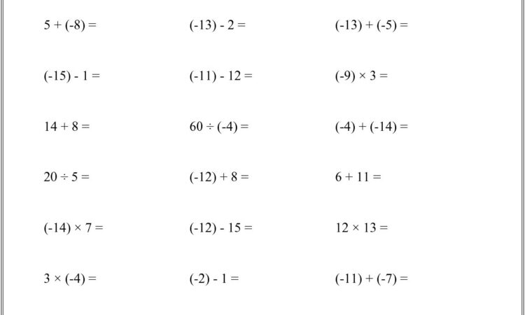 Negative Numbers All Operations Worksheet