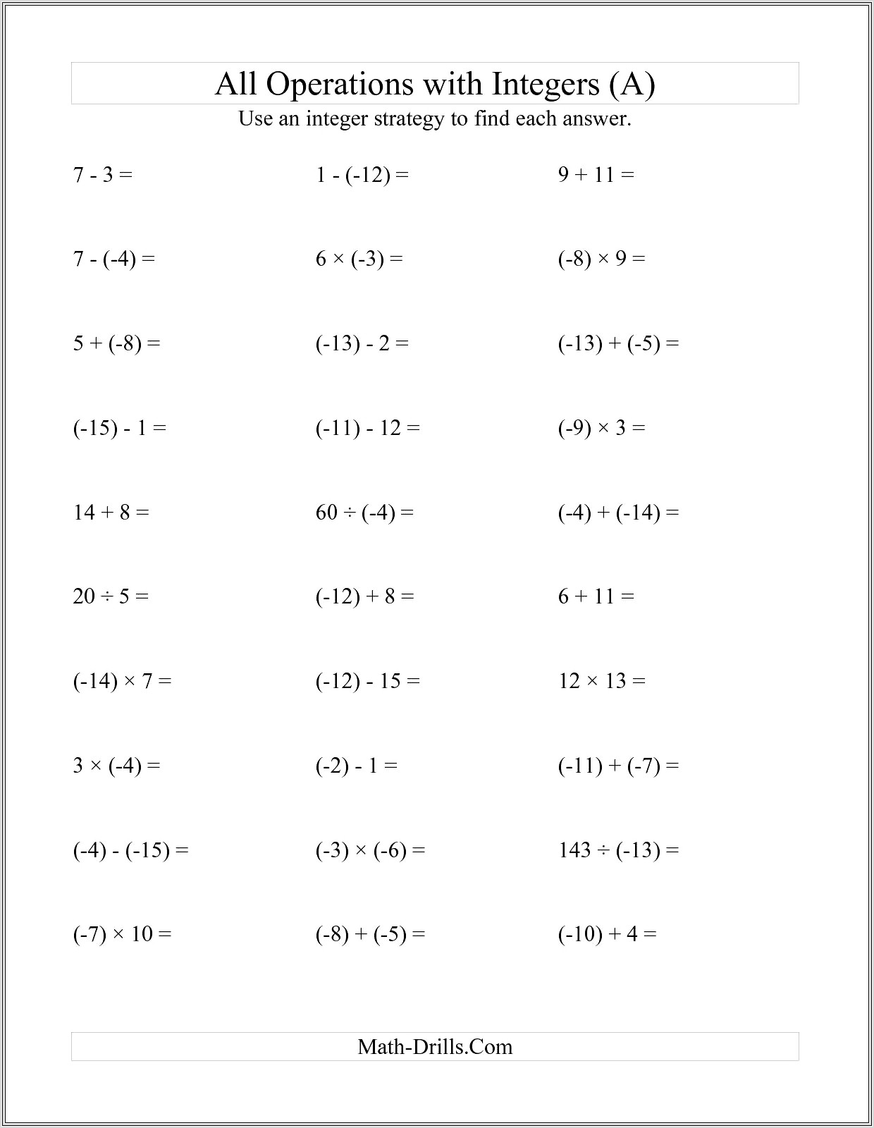 Negative Numbers All Operations Worksheet