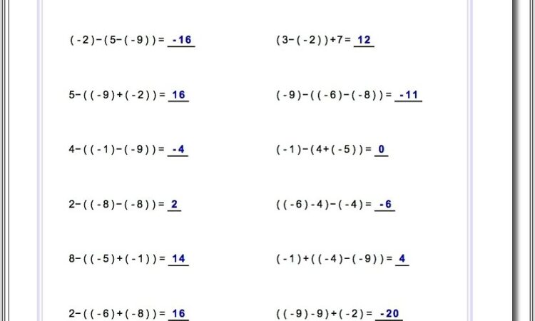 Negative Numbers Worksheet Addition Subtraction