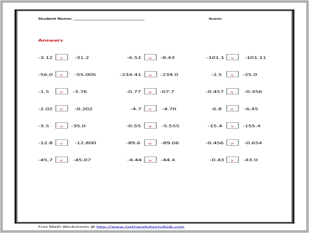 Negative Numbers Worksheet For 4th Grade