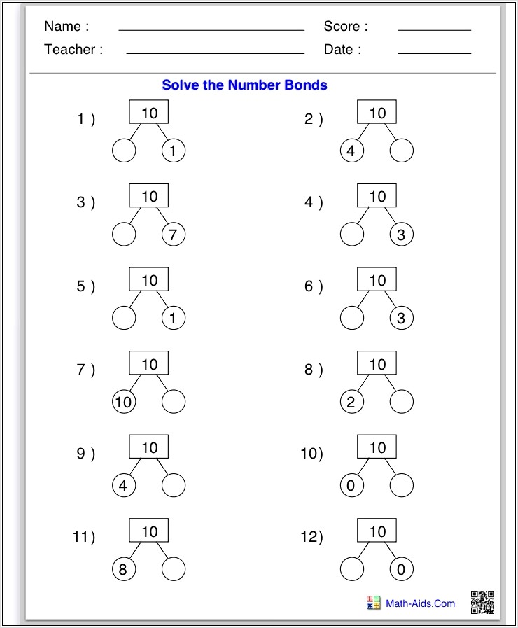 Number Bond Worksheets Math Aids