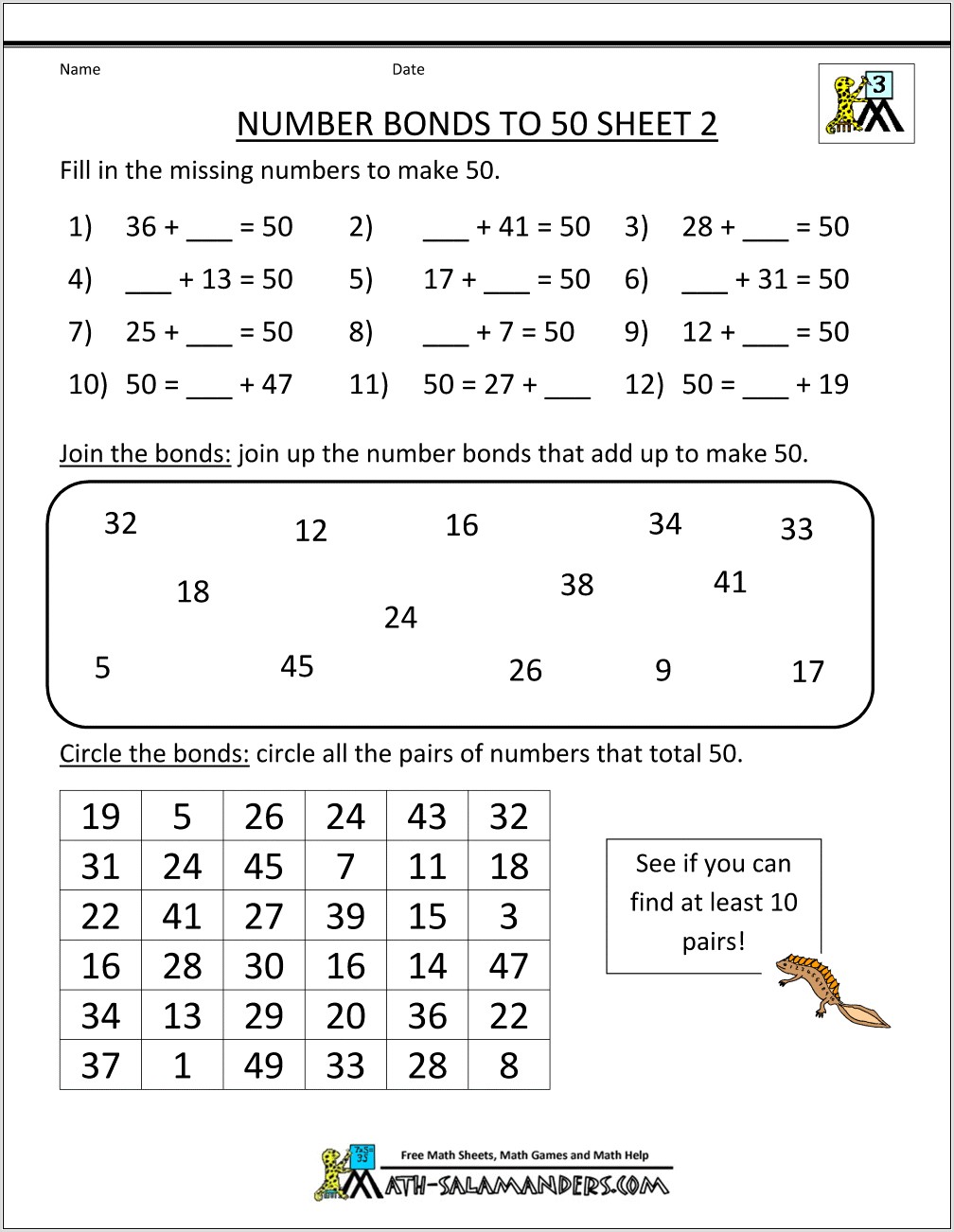 Number Bonds Homework Year 3