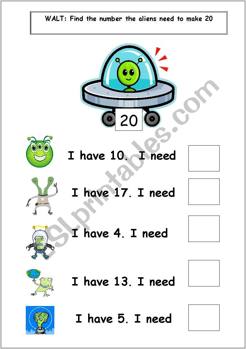 Number Bonds To 10 Aliens Worksheet