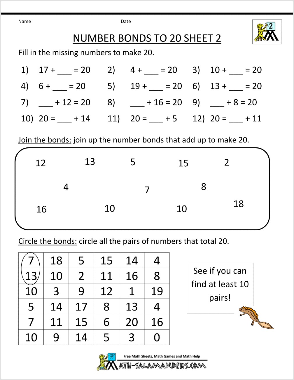 Number Bonds To 10 Worksheet With Pictures