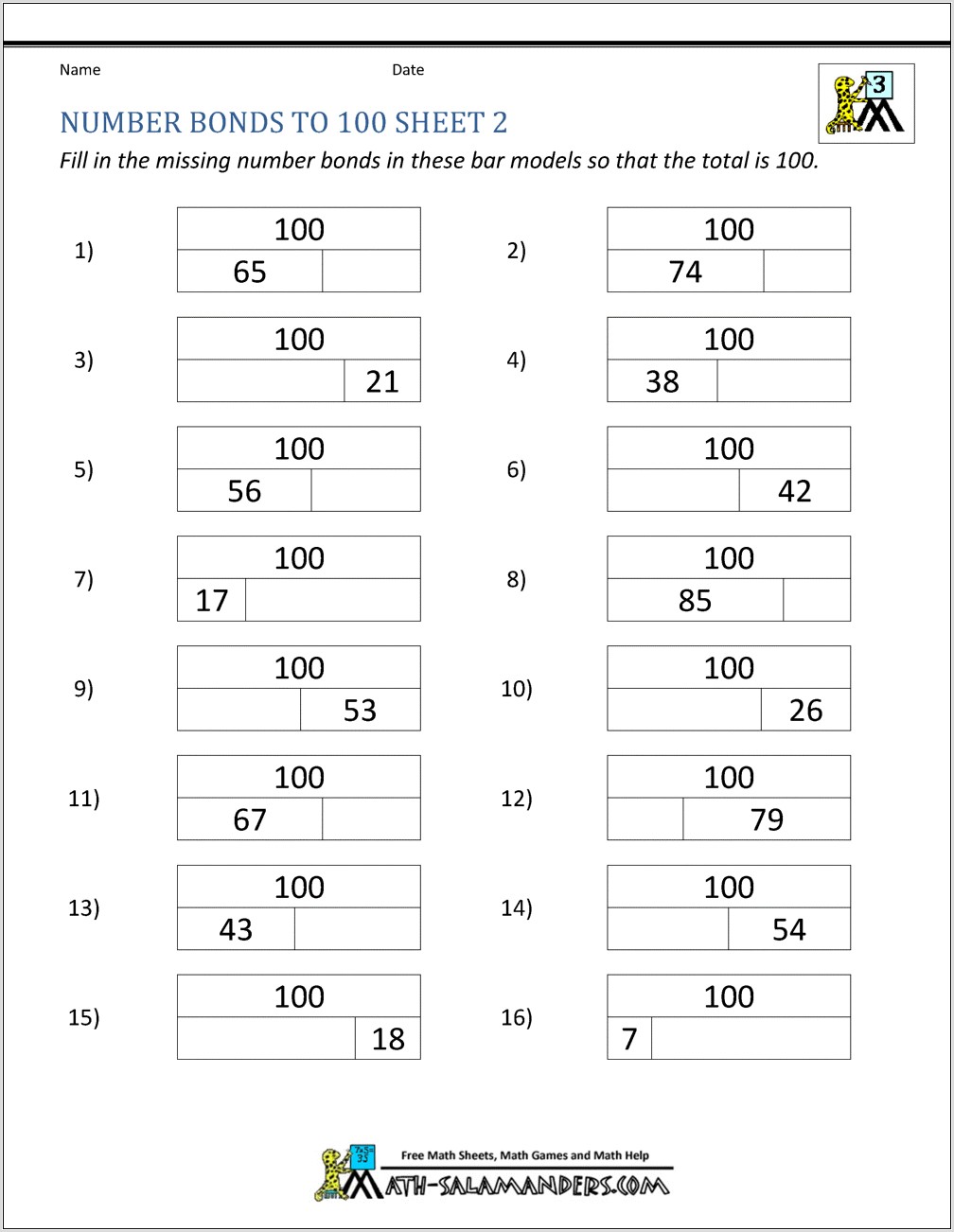 Number Bonds To 100 Worksheet Answers