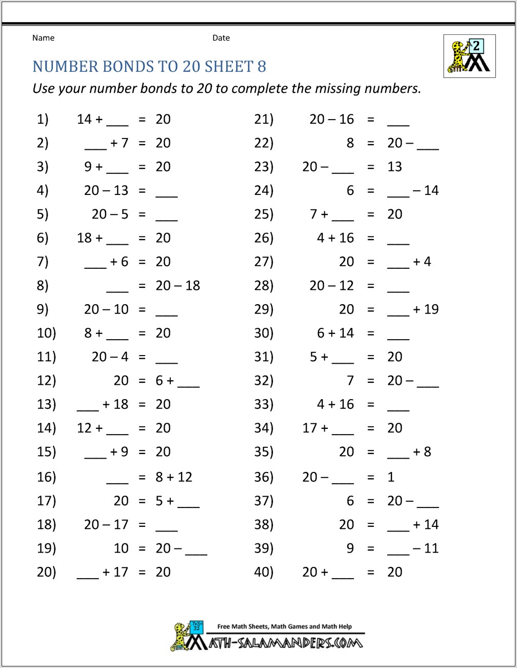 Number Bonds To 20 Colouring Worksheet