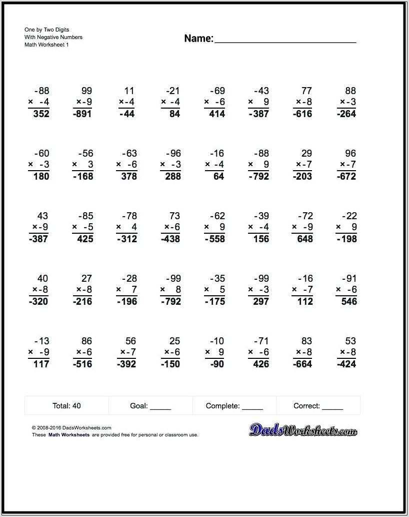 Number Line With Negative Numbers Worksheet