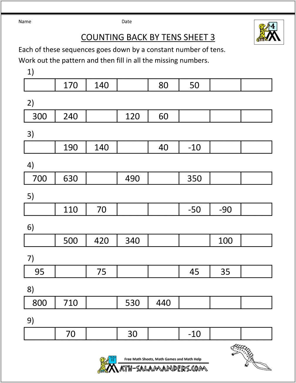 Number Sequences Including Negative Numbers Worksheet