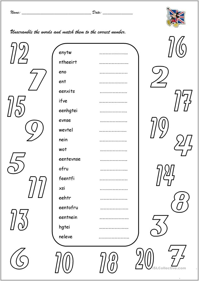 Number Word Worksheet 1 20