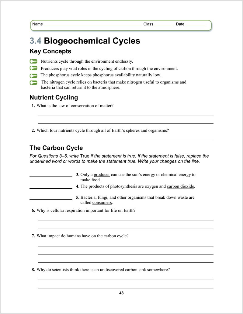 Nutrient Cycle Worksheet Answers