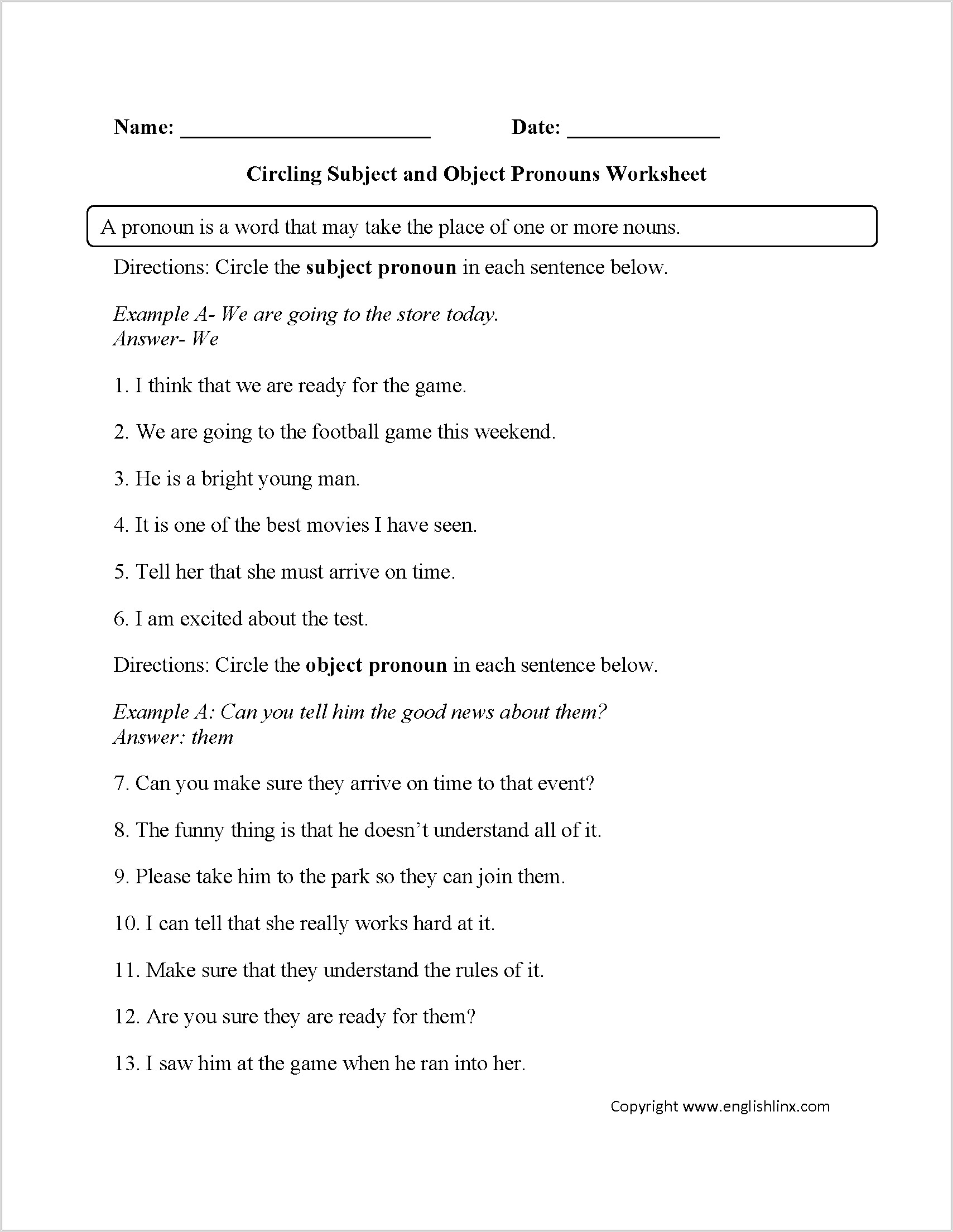 Object Pronouns Worksheet For Grade 2 Pdf