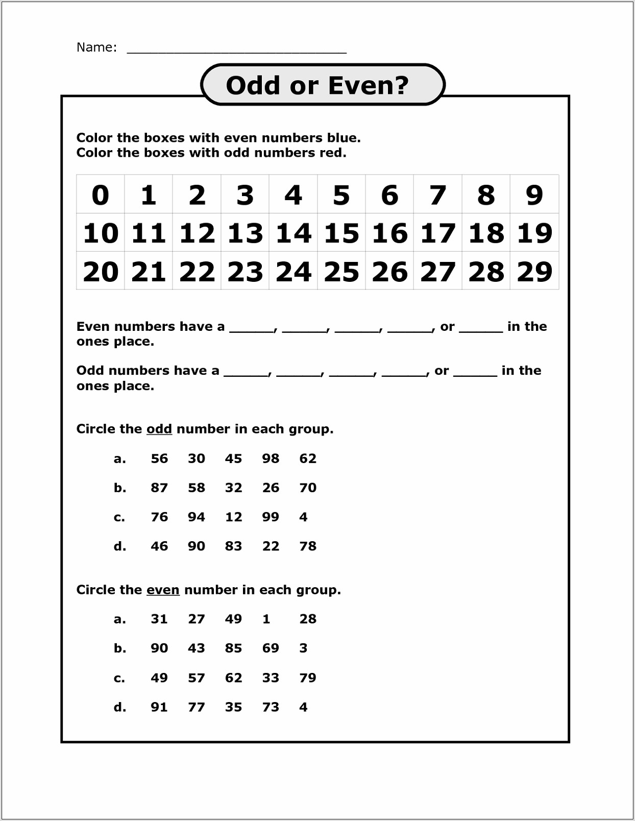 Odd And Even Numbers To 30 Worksheet