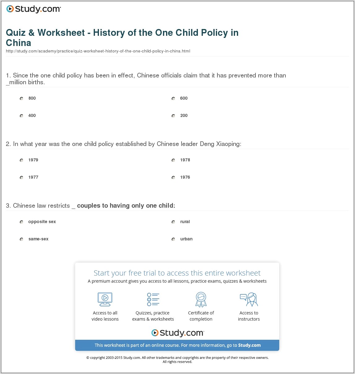 One Child Policy Worksheet