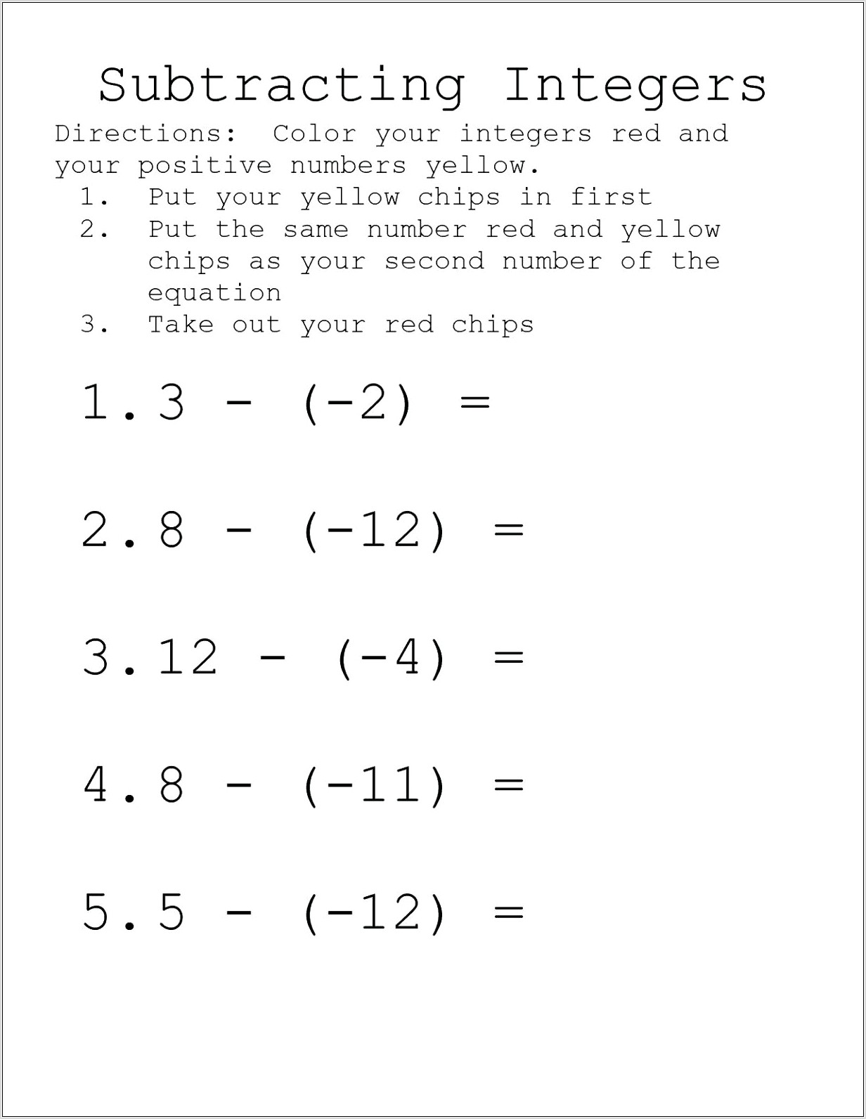 Operations With Positive And Negative Numbers Worksheet