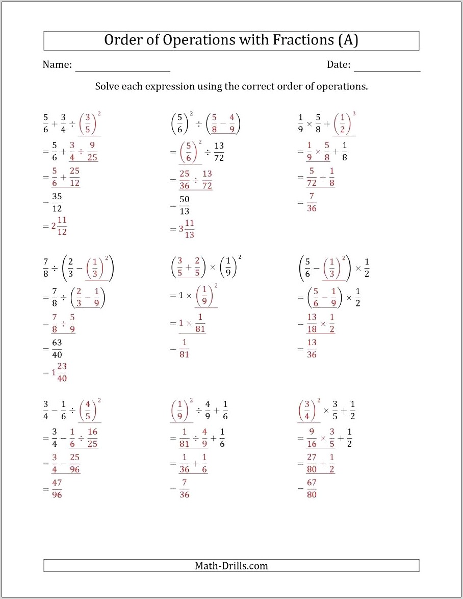 Order Of Operations Differentiated Worksheet