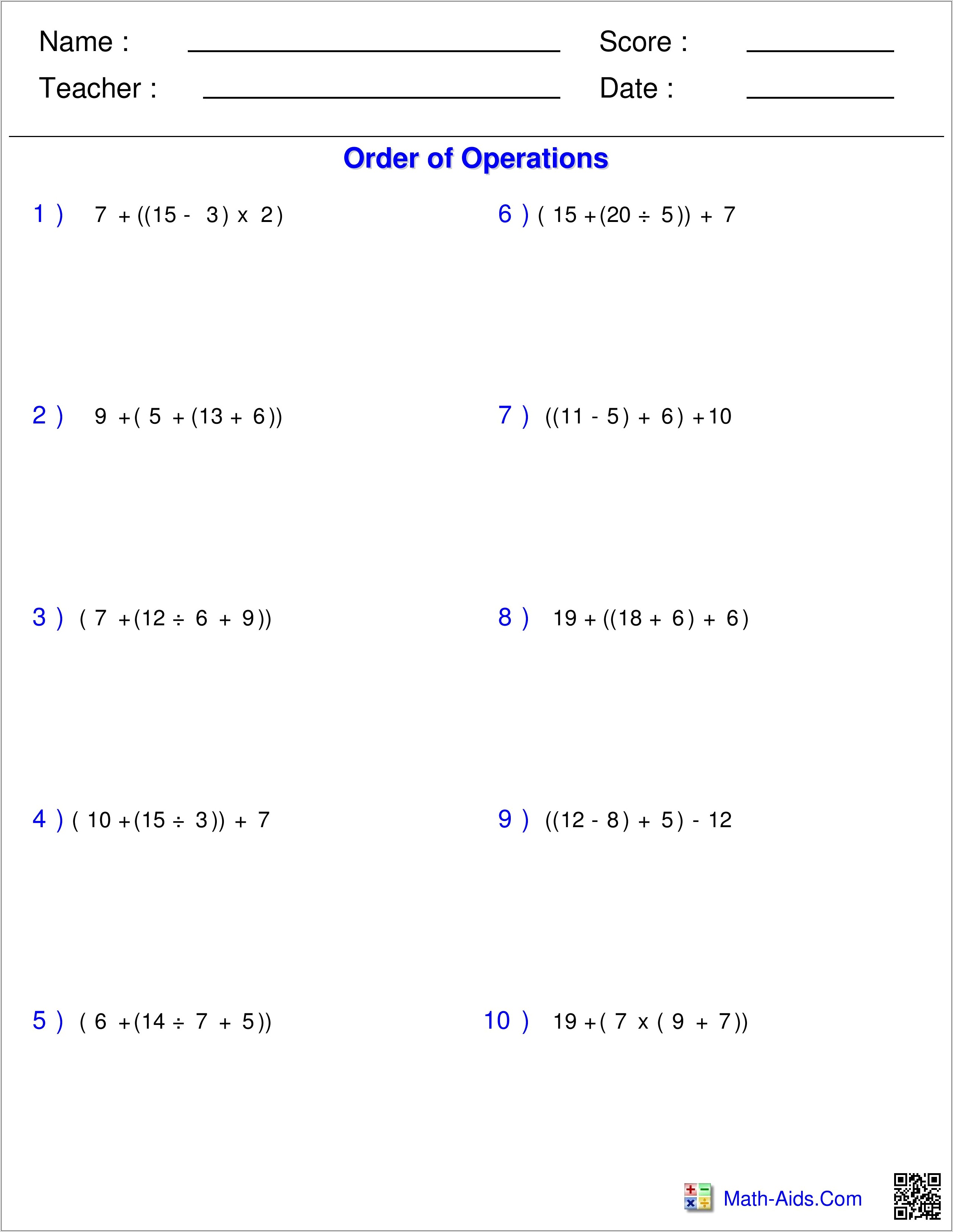 Order Of Operations No Brackets Worksheet