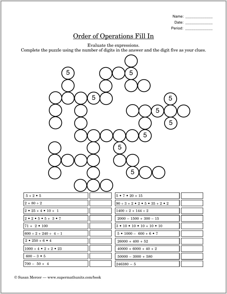 Order Of Operations Pizzazz Worksheet