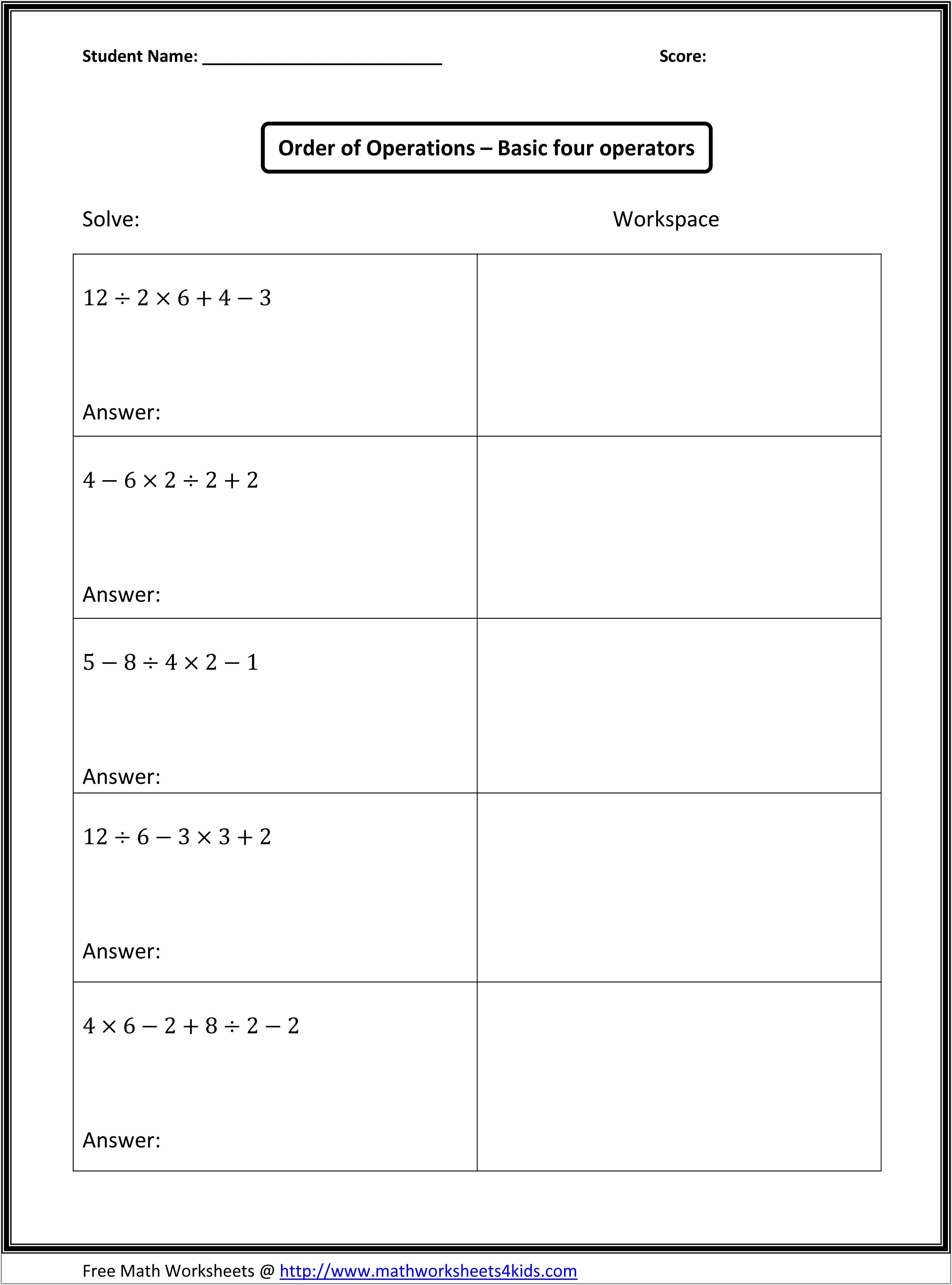 Order Of Operations Puzzle Worksheet Free