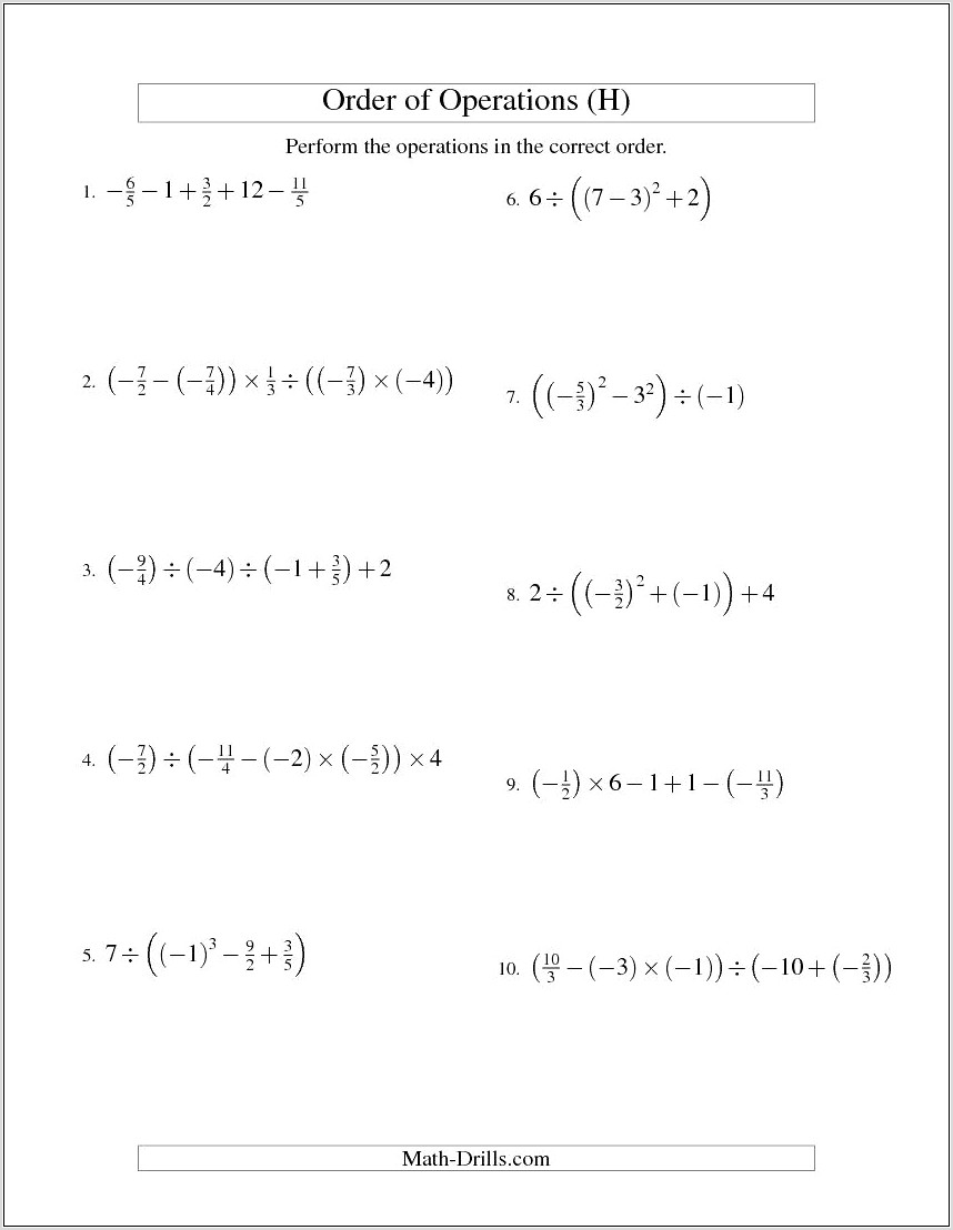 Order Of Operations Rational Numbers Worksheet