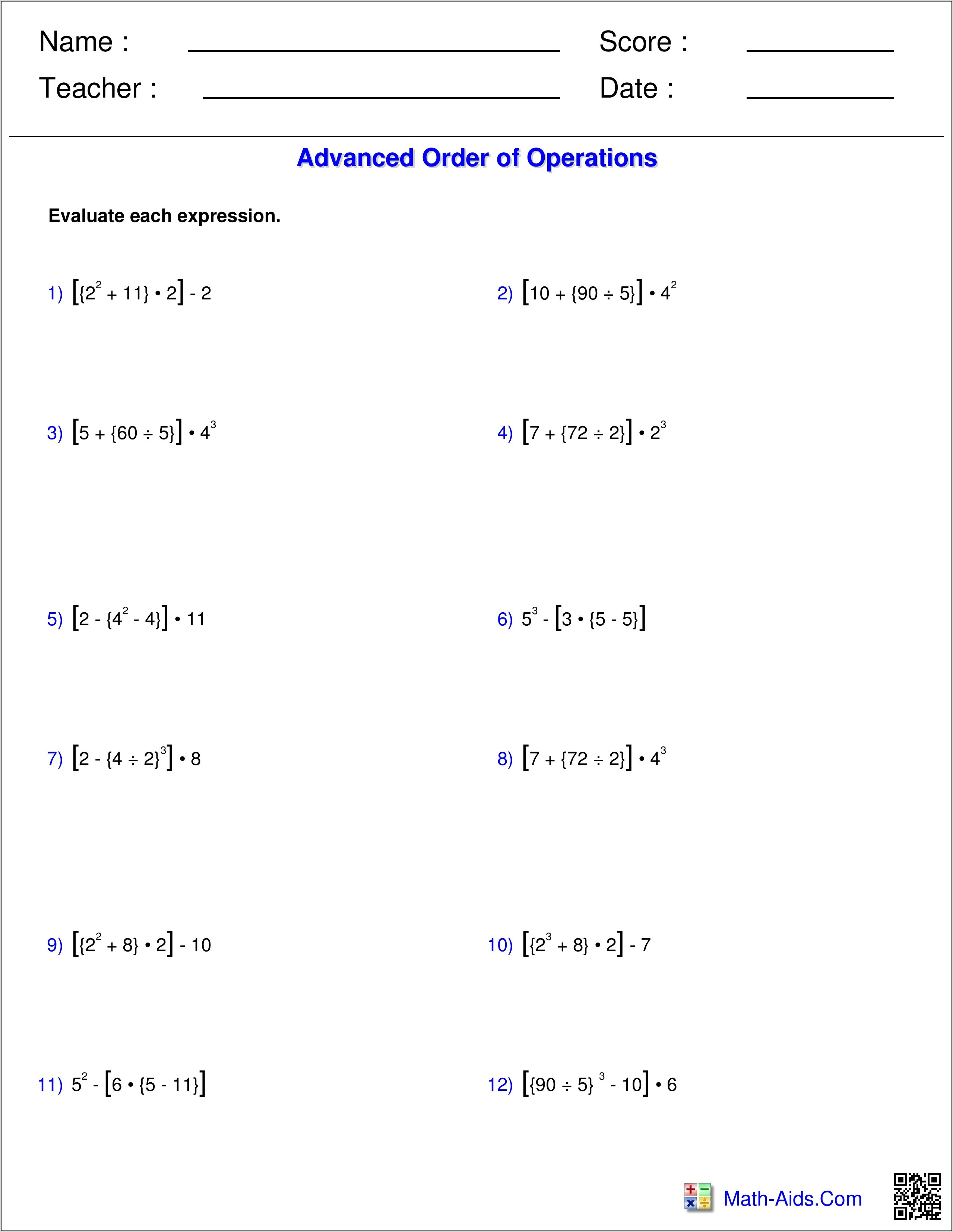 Order Of Operations Review Worksheet Pdf