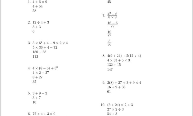 Order Of Operations Worksheet Answer Key