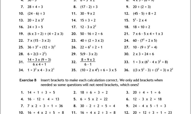 Order Of Operations Worksheet Bimdas