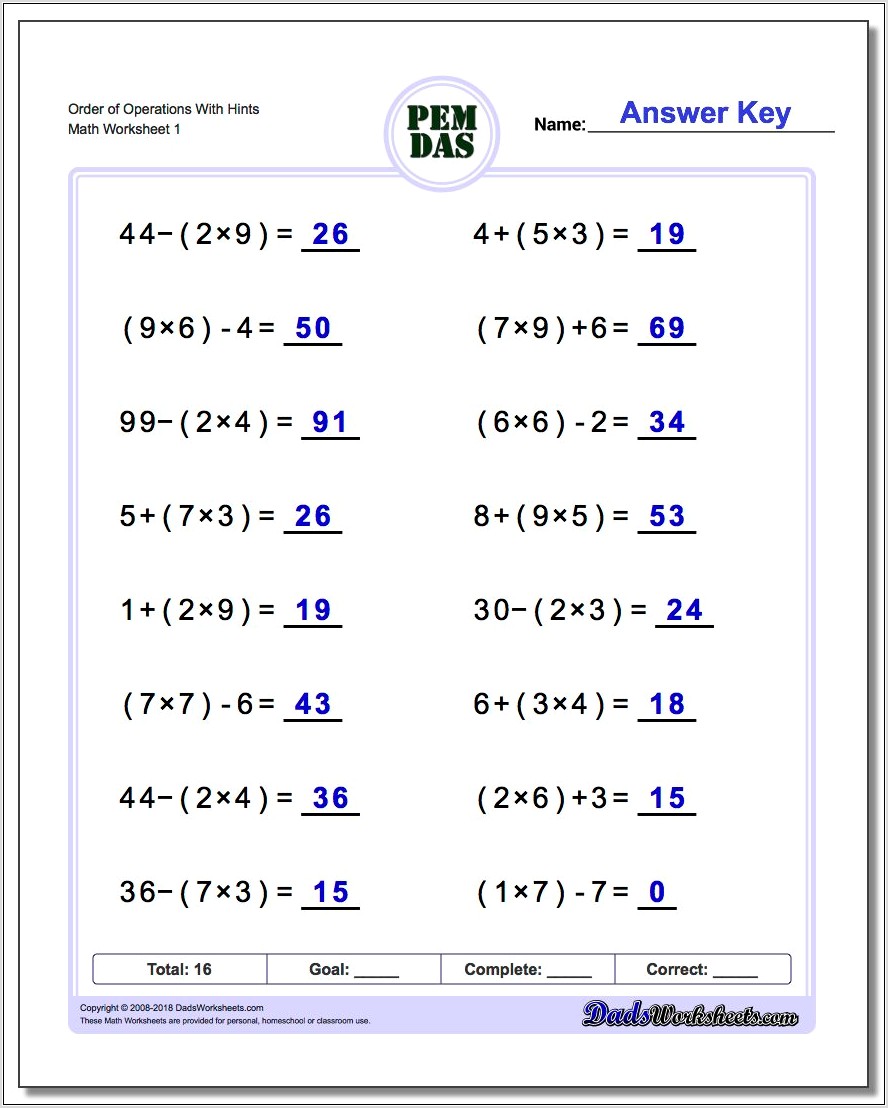 Order Of Operations Worksheet For 8th Grade