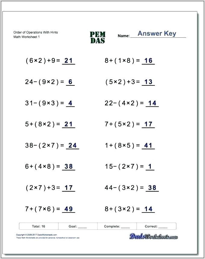 Order Of Operations Worksheet No Exponents