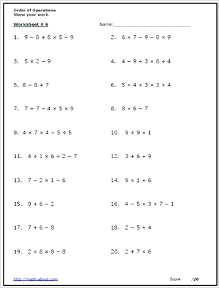 Order Of Operations Worksheet With Variables