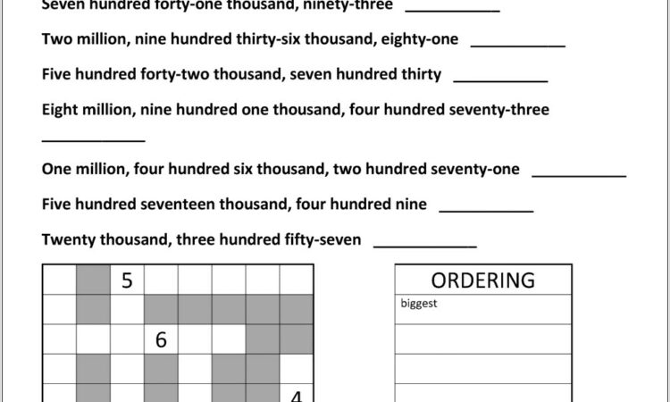 Ordering Large Whole Numbers Worksheet