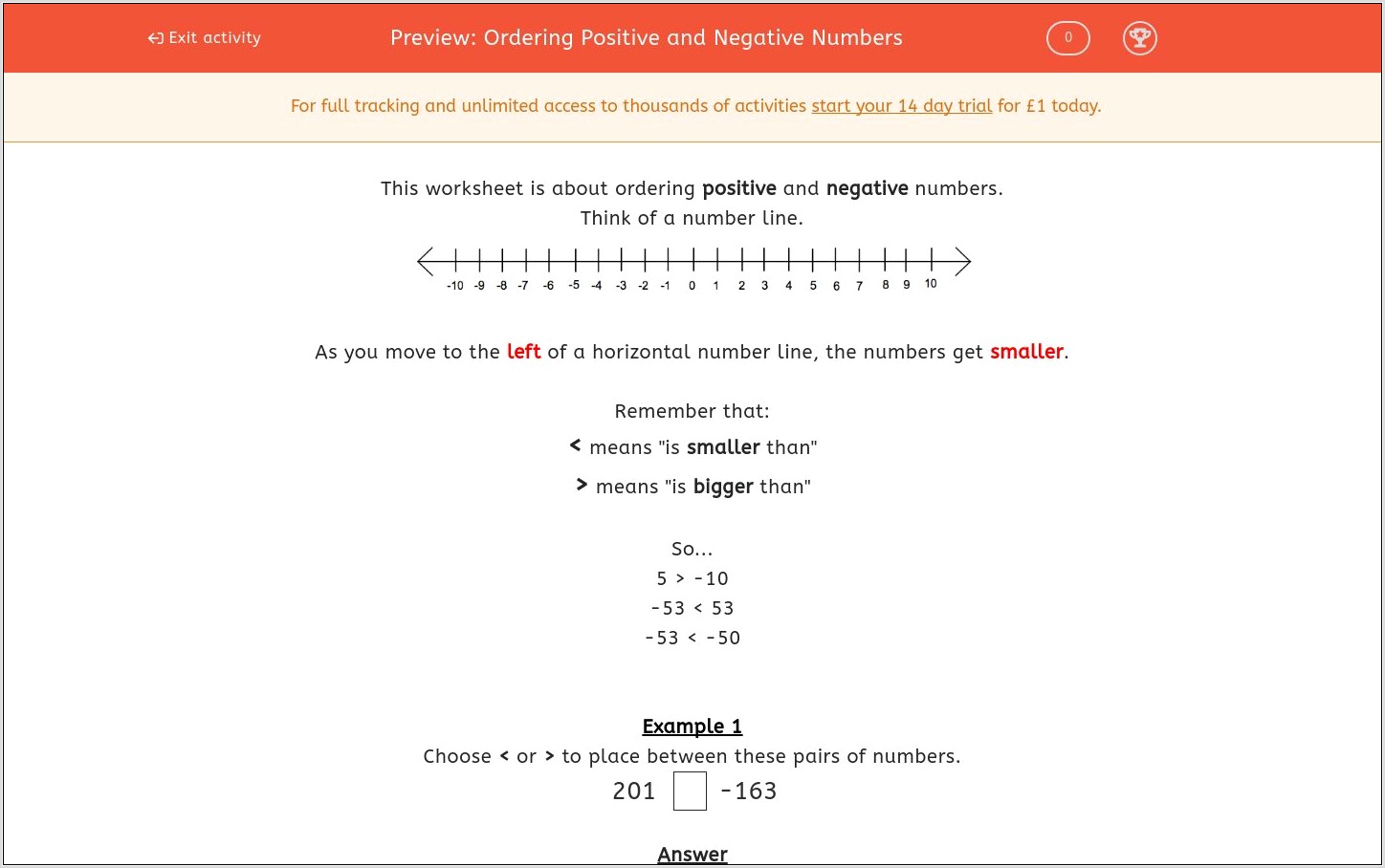 Ordering Negative Numbers Worksheet Level 5