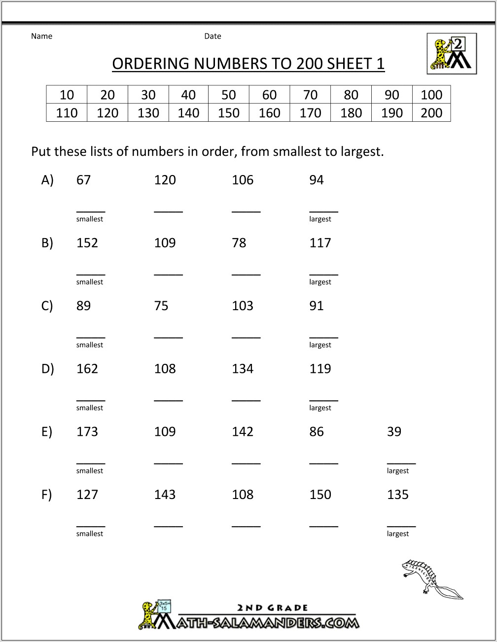 Ordering Non Sequential Numbers Worksheet