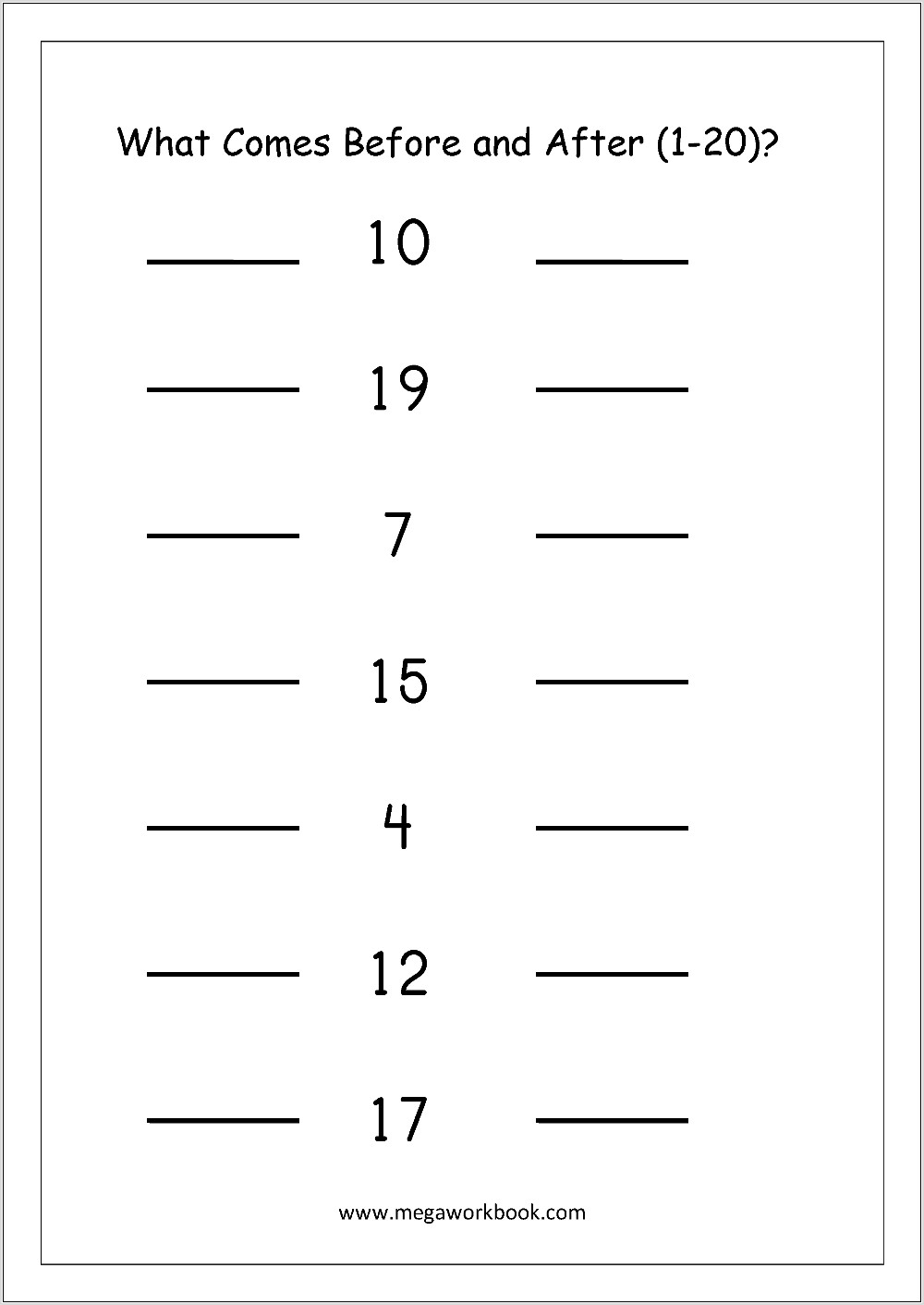 Ordering Numbers Before After Worksheets