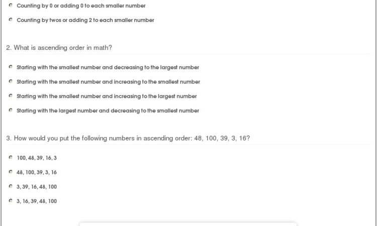 Ordering Numbers Multiple Choice Worksheets