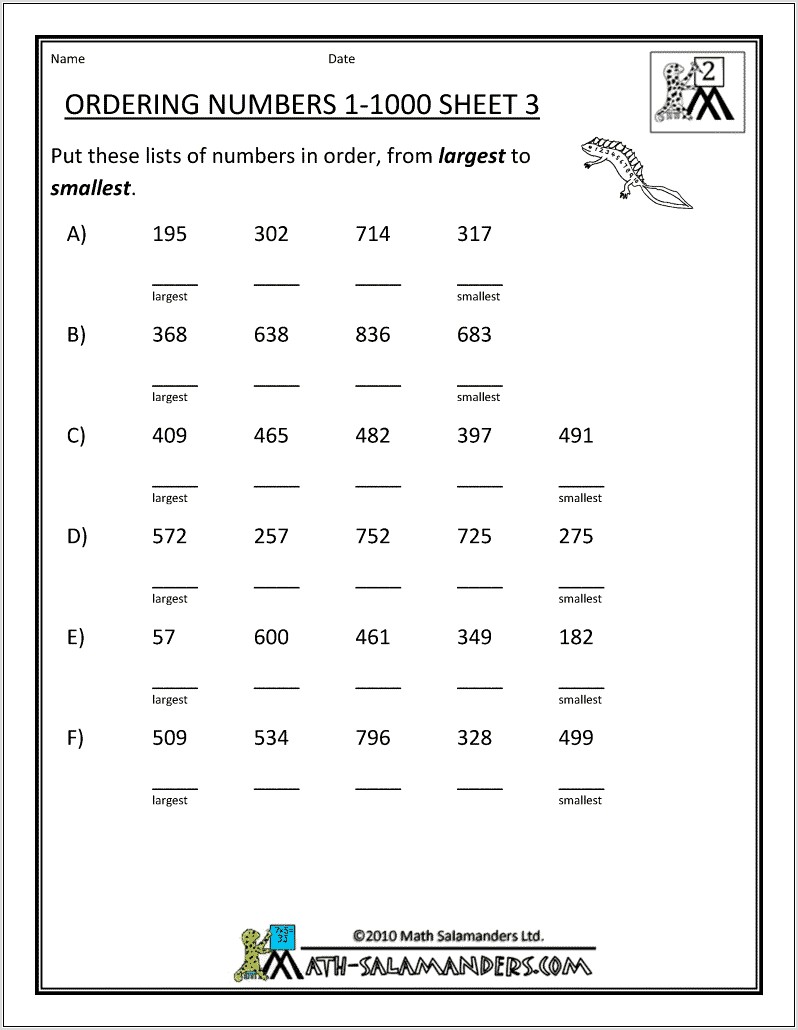 Ordering Numbers To Ten Thousand Worksheet