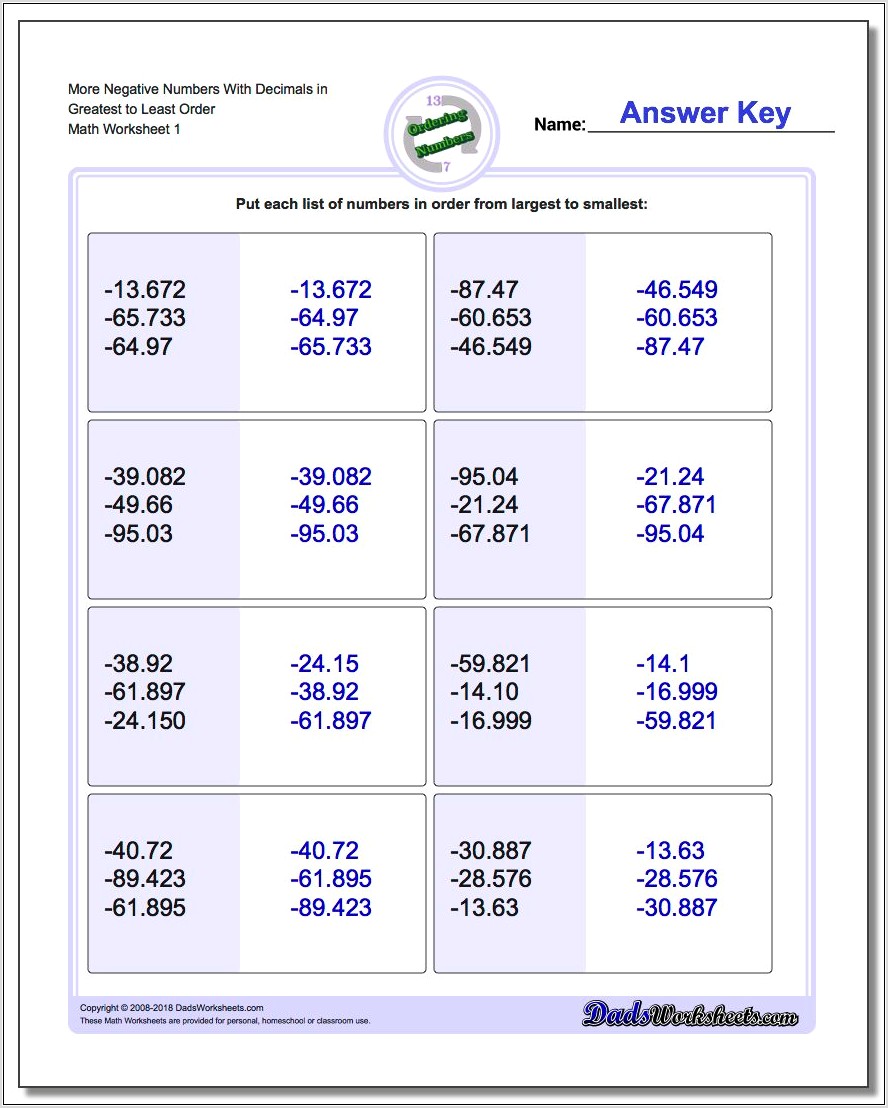 Ordering Numbers With Decimals Worksheet