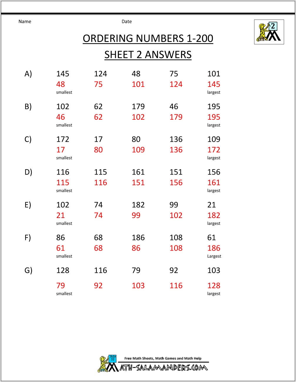 Ordering Numbers Worksheets 2nd Grade