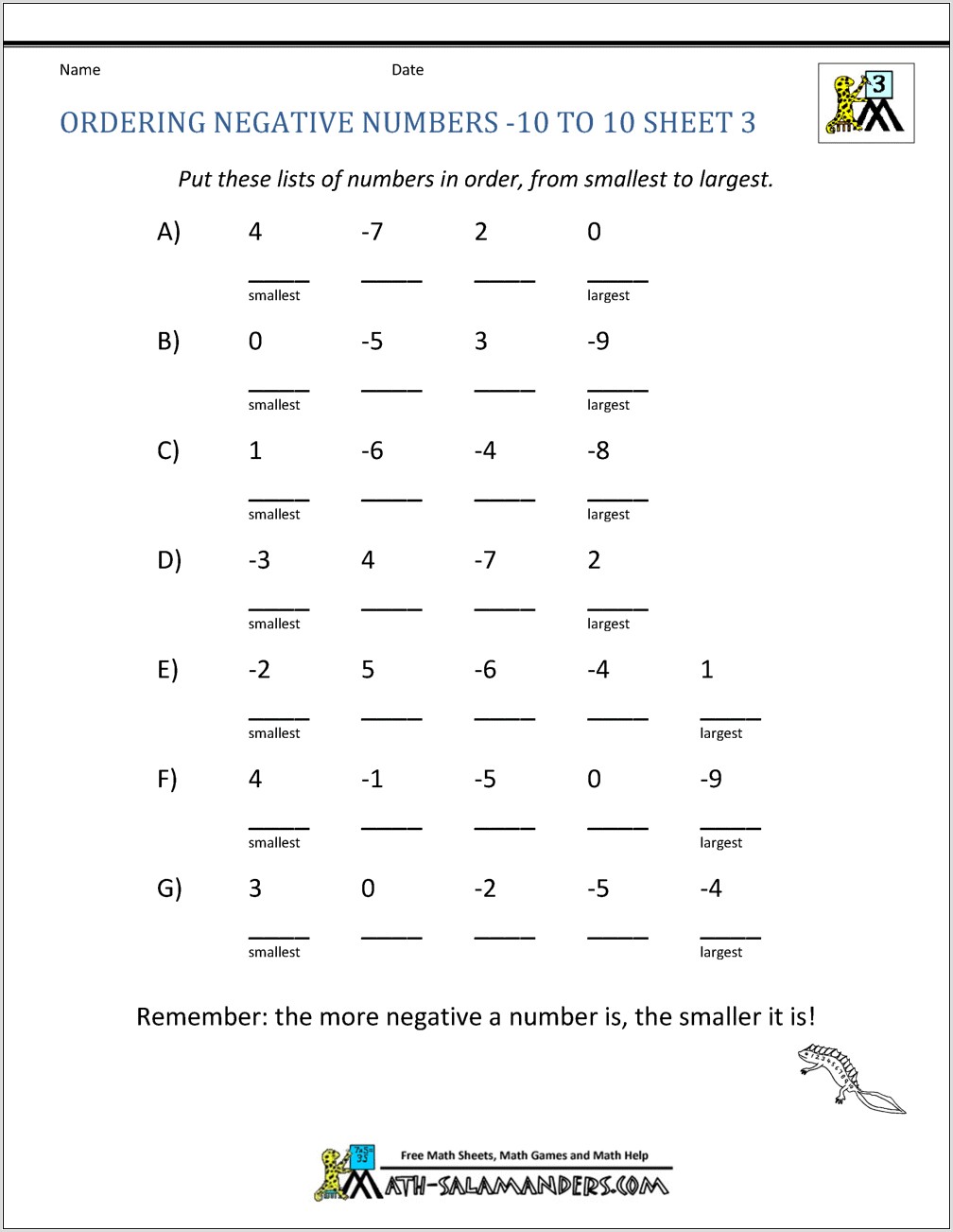 Ordering Positive And Negative Numbers Worksheet Tes